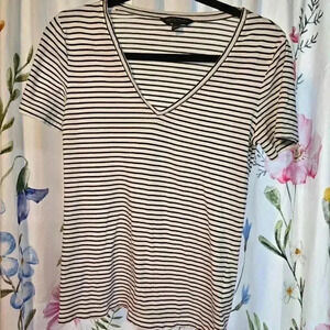 Banana Republic V-Neck T-Shirt Short Sleeve Striped Knit White Blue Pima Cotton